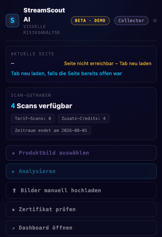 Vorschau der StreamScoutAI Browser-Erweiterung